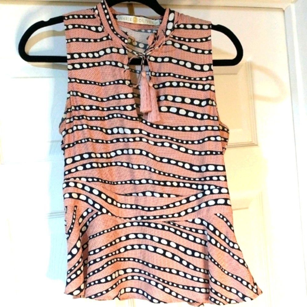 Marie Oliver Black and Pink Peplum Tie Tassel Front Blouse EUC 100% Silk. (H&J)